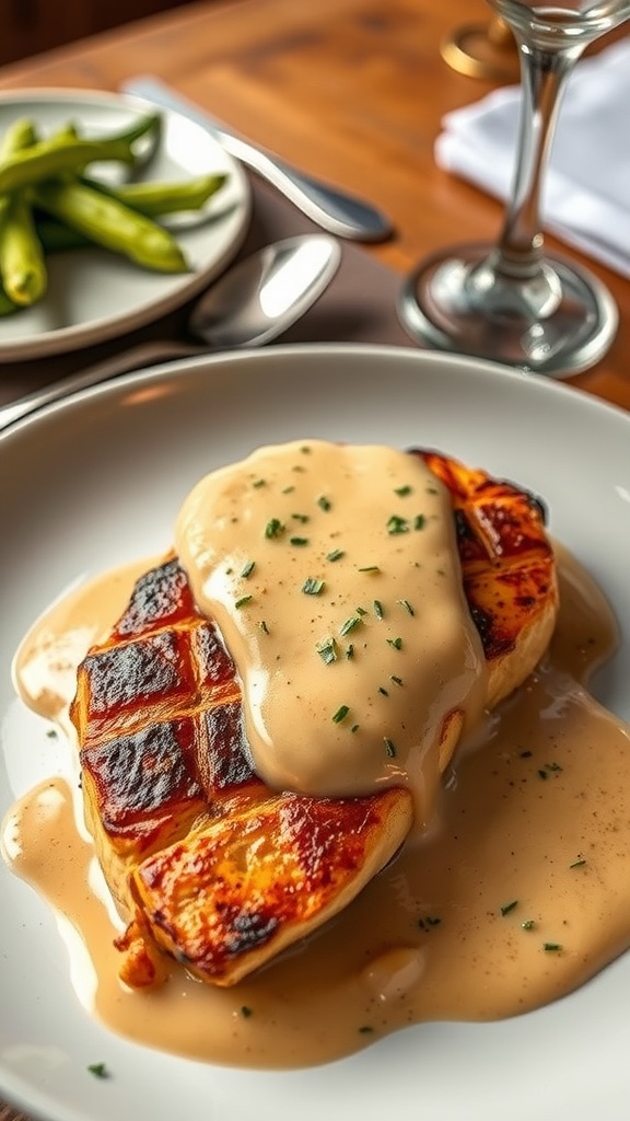 A plate of chicken with sauce Jean Vignard, garnished with herbs on a rustic wooden table.